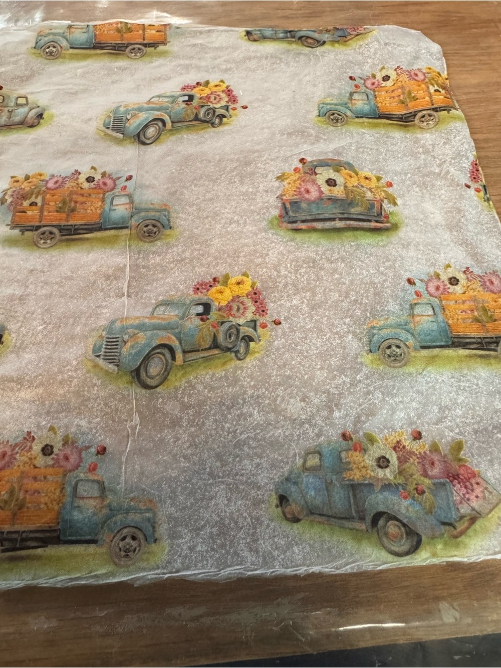 Blue Vintage Truck Floral Print Fabric Panel